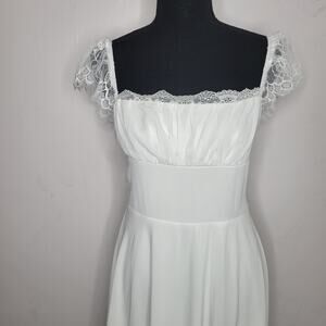 Marthea Womens Dress Size XS White Lace Trim Midi Lace up Back Empire Waist
